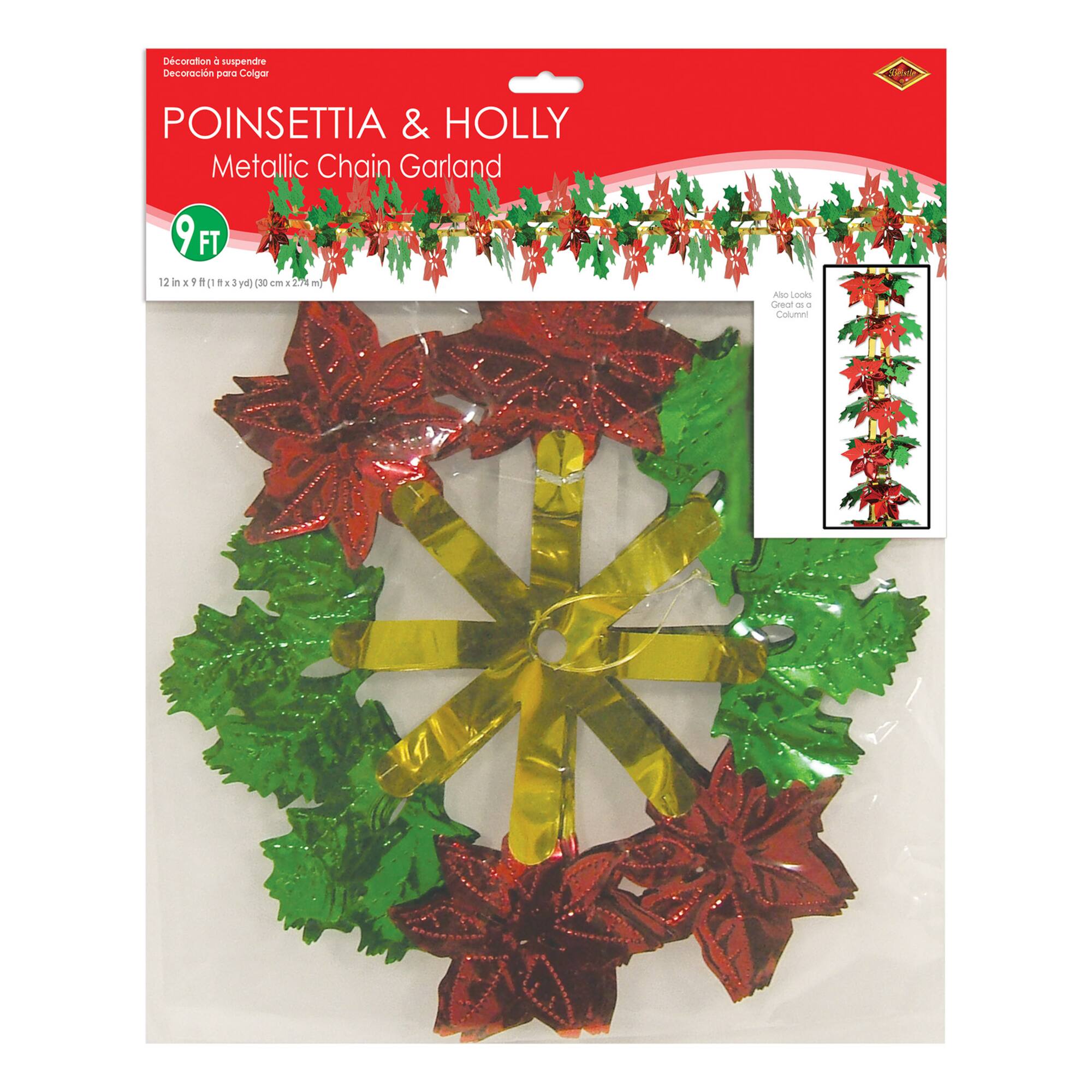 Beistle 9ft. Poinsettia & Holly Garland Column